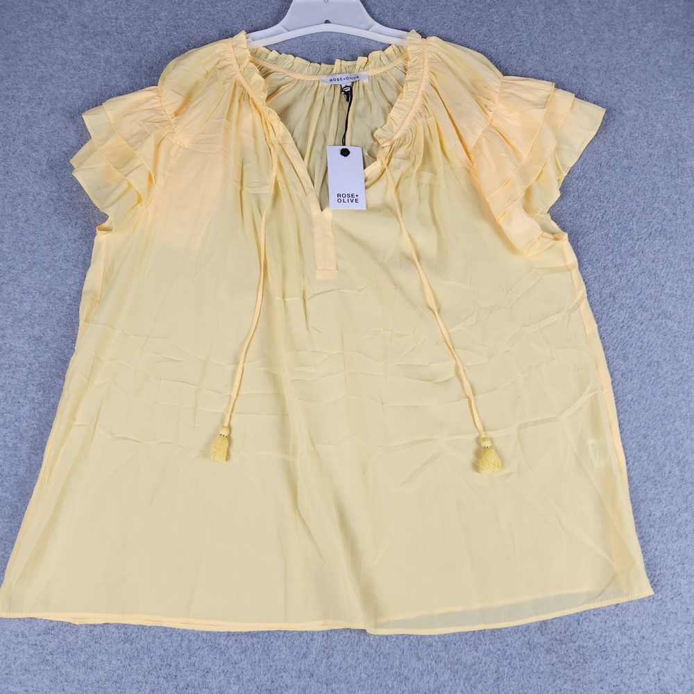 Rose + Olive Blouse Womens 1X Yellow Flutter Sleeve Tassel Tie Front Boho Ruffle
